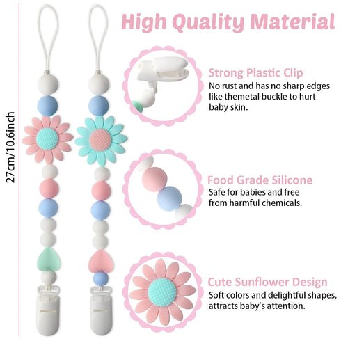 LSTRAGY 4 Pack Silicone Pacifier Clip, Pacifier Holder for Boys and Girls, Adorable Sunflower Pacifier Clips Fits