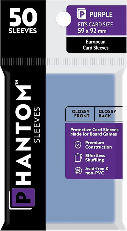 Phantom Sleeves: Purple Size 59 x 92mm, Glossy Front/Back - 50 Pack Transparent Protective Card Sleeves