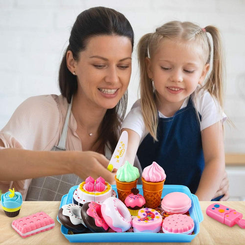 LOVESTOWN 15 PCS Pretend Desserts Toy Set, Play Food for Kids Kitchen, Ice Cream Cupcake Baking Plastic Play Food