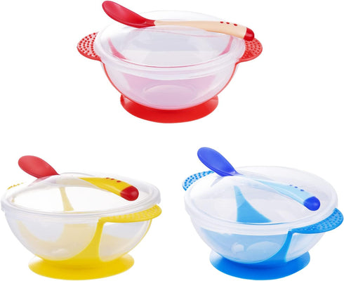 Berry President Baby Bowls with Suction Base, Spill-Proof Lid, Temperature-Sensing Spoon, Pack of 3 for Toddlers