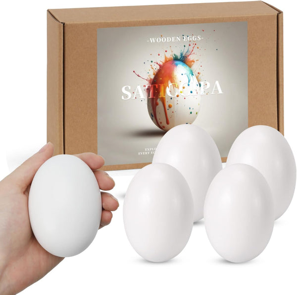 Large White Wooden Eggs,3.1x2.3 inches 4 Count Wooden Eggs in Carton for