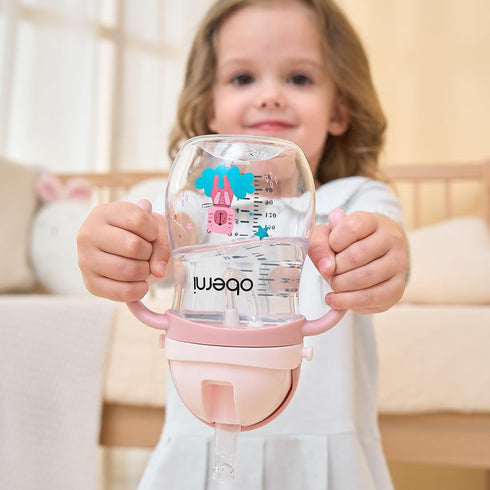 270ml/12m+/Pink/Pack 3 Oberni Toddler Sippy Cup, Tritan Baby Water Bottle With Non-Spill Valve Spout, Removable Handle