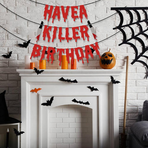 Quimoy Halloween Birthday Decorations, Have a Killer Birthday Banner with 12 Pcs Bat Wall Stickers for Party