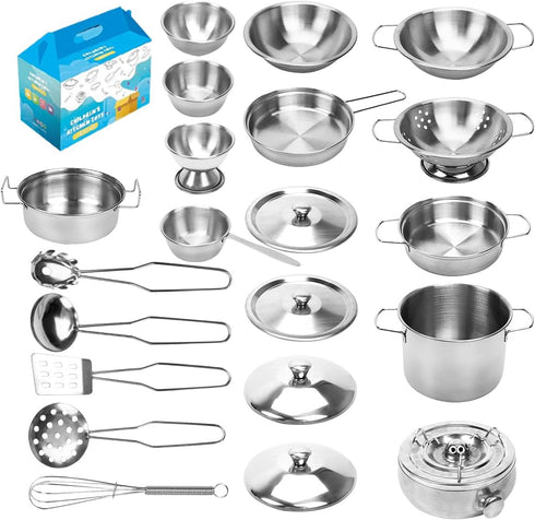 Kids Kitchen Pretend Play Toys - 21pcs Cooking Pots and Pans Set, Small Stainless Steel Cookware Playset for Girls, Boys
