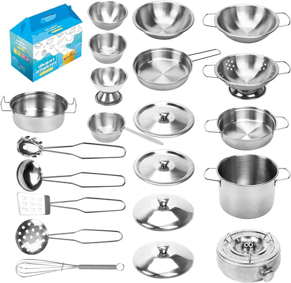 Kids Kitchen Pretend Play Toys - 21pcs Cooking Pots and Pans Set, Small Stainless Steel Cookware Playset for Girls, Boys