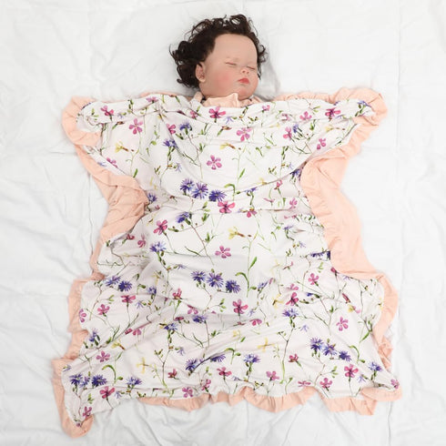 runzhuoyang 40x33 Rayon Made from Bamboo Baby Blanket for Girls, Purple Floral Print, Ruffle Trim, Soft and Comfy, Size