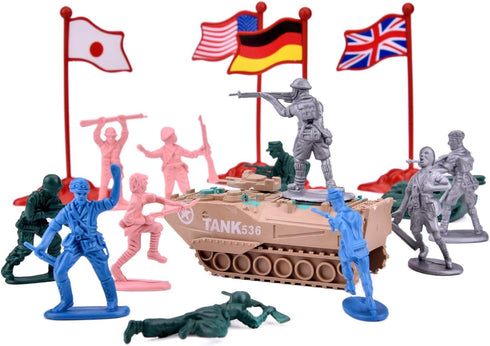 Liberty Imports 124 PCS Army Men Toy Figures Military Forces Bucket Play Set, World War II Battle Plastic Soldiers Set with Vehicles for Boys, Kids Imaginary Play