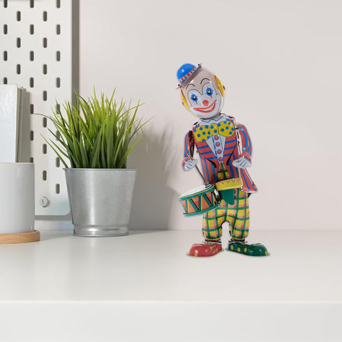 STOBOK Wind up Tinplate Drumming Clown Toy, Retro Collectible for Home and Office Decor