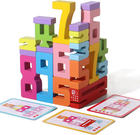 WISBOOK 20PCS Wooden Number Building Blocks, Montessori Toys Math Learning Toys for Kids