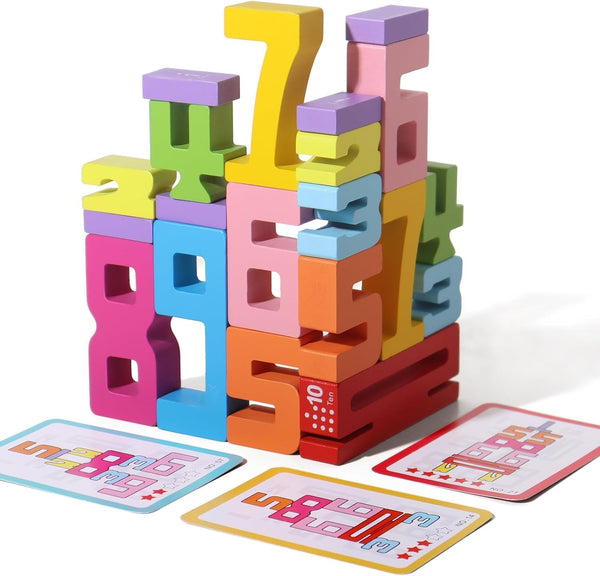 WISBOOK 20PCS Wooden Number Building Blocks, Montessori Toys Math Learning Toys for Kids