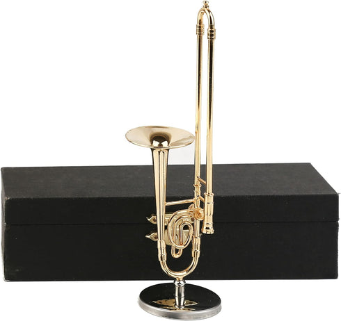 Dselvgvu Copper Miniature Trombone with Stand and Case, Mini Musical Instrument for Dollhouse Decoration