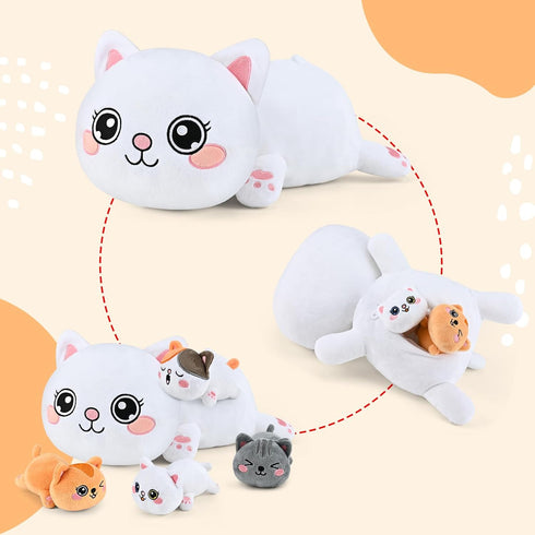 KMUYSL Cat Stuffed Animals Toy for Kids Ages 3-8, Mommy Cat with 4 Baby Kitties, Ideal Xmas Birthday Gifts