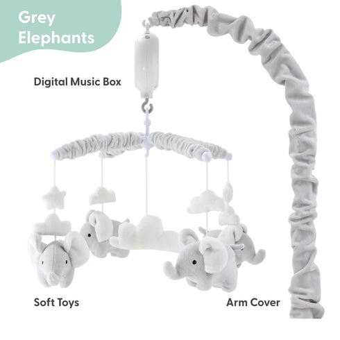 12 The Peanutshell Crib Mobile for Girls or Boys - Soft Grey Musical Baby Crib Mobile with Lullabies, Cute Elephant