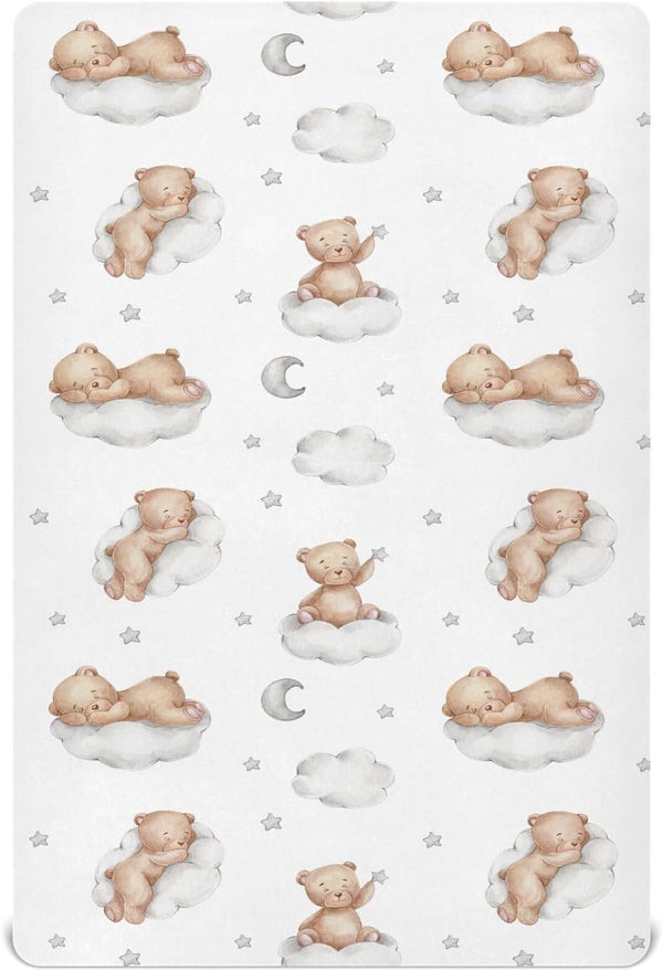 Vvfelixl Crib Sheets for Boys & Girls, Teddy Bears Clouds Pattern, Neutral,