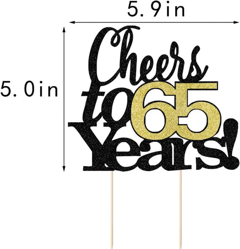 LVEUD Black Font Golden Numbers Cheers to 65 Years Happy Birthday Cake Topper for Wedding, Anniversary, Birthday Party