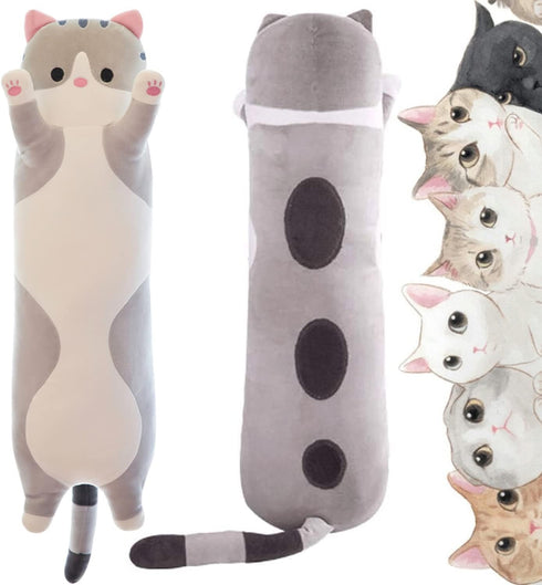 Soft Cat Plush Pillow - Long Stuffed Animals Sleeping Pillow, Cute Long Body Pillow Gift for Kids (43.5inch, Grey)