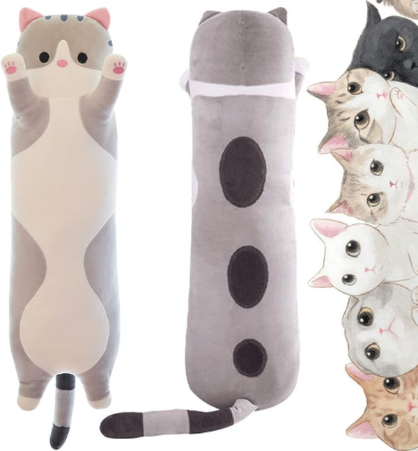 Soft Cat Plush Pillow - Long Stuffed Animals Sleeping Pillow, Cute Long Body Pillow Gift for Kids (43.5inch, Grey)