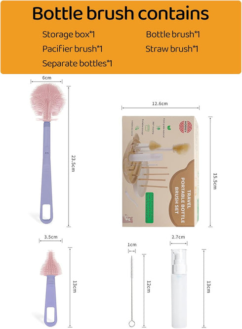 Set HOEREV Portable Baby Silicone Bottle Brush Include Pacifier Brush, Straw Brush, draining Rack, Portable Box