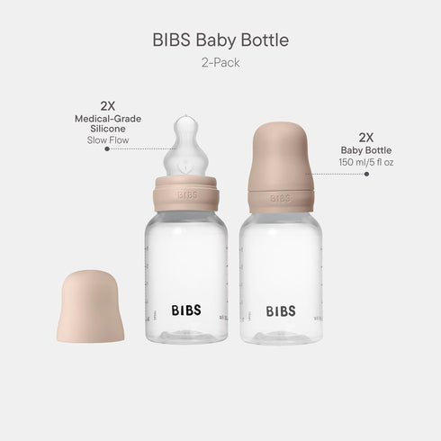 2-Pack, 5 Oz, 0+ -150ml (Pack 2) BIBS Baby Bottles Round Silicone Nipple, Anti-Colic System for Gas Reduction.