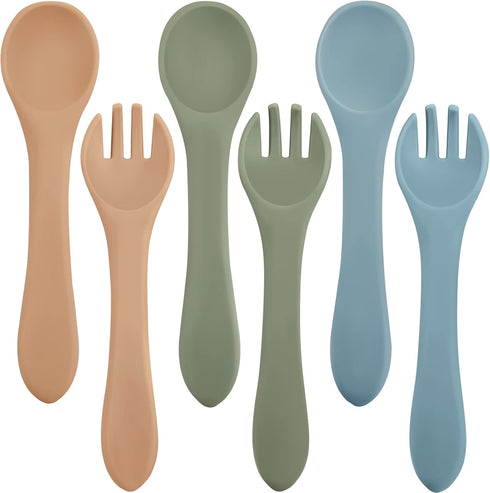6 Pieces Silicone Baby Feeding Forks and Spoons Set - Self Feeding Supplies for Over 6 Months Babies (Nature Color)