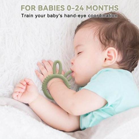 MISSLILI Silicone Babies Teethers Baby Teething Toys for Soothe Massage Sore Gums for 3-12 Months Infants, BPA Free, Ring Shape Rabbit Ear Design (Army Green)