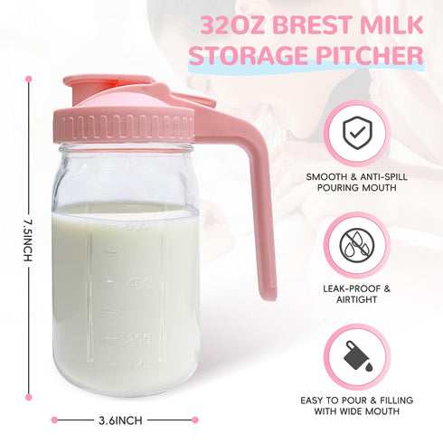 Riznpo 2 PACK 32OZ Breast Milk Pitcher Glass Breastmilk Pitcher with Lids Leak-proof Wide-mouth Mason Jar