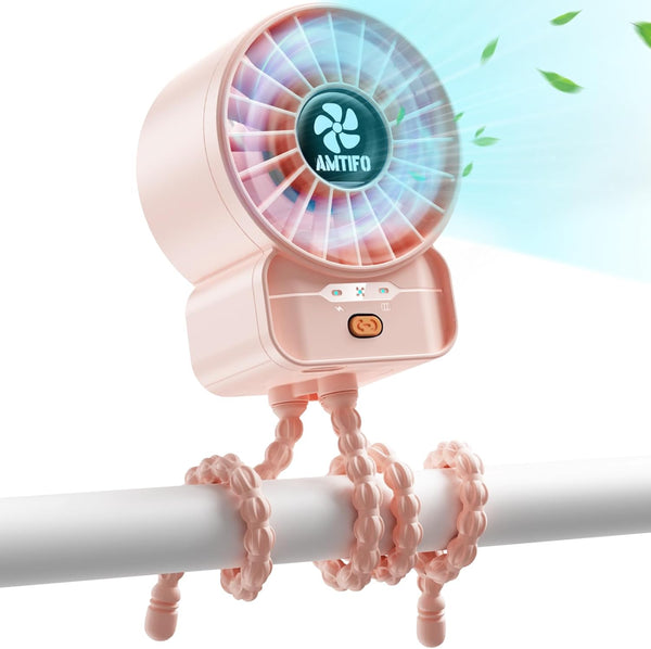 AMTIFO Pink Stroller Fan - USB Rechargeable, Quiet Cooling, 4 Adjustable Speeds,