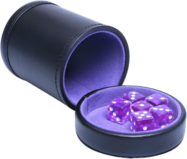 PU Leather Dice Cup with Lid, Purple Velvet Interior Quiet Shaker Cup Including 6 Purple Translucent Dice
