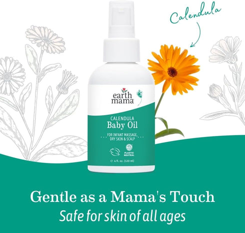 Earth Mama 4-Fluid Calendula Baby Oil | Massage Oil for Newborn Skin Care, Dry Skin & Scalp Moisturizer, Fragrance