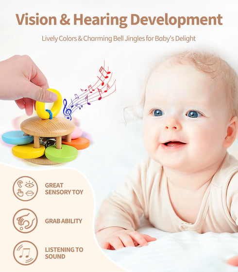 6 Set, 0-6-12 0-6 PCS Wooden Baby Rattle, Organic Colorful Baby Hand Rattles Wood Rattles for Babies Months, Wooden