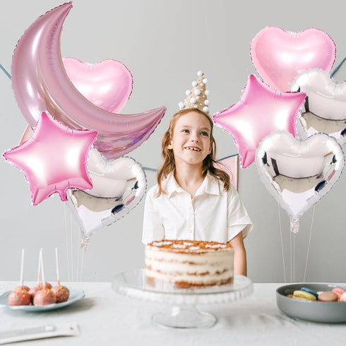 9pcs Large Moon Star Foil Balloons 30inch Pink Silver Moon and 18inch Star Heart Mylar Balloons for Party Decorations