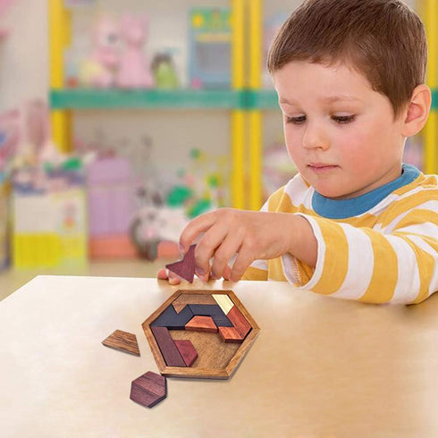 KINGOU Hexagon Tangram Puzzle, Wooden Brain Puzzles for Kids & Adults, Challenge Wooden Brain Teasers