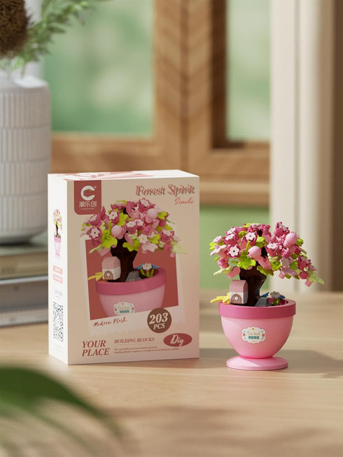 Jollcnoia Set Peach Retreat Mini Bonsai Tree Micro Building Building Toy Plant Cherry Tree Flower Collection Decor