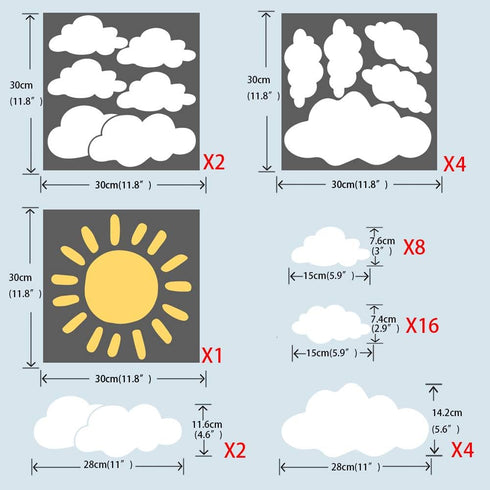 Sun and 30PCS White Clouds Removable Vinyl Wall Decals - Peel and Stick Wallpaper Stickers for Nursery Bedroom