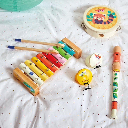 Janod Gioia Music Set with Tambourine, Recorder, Maracas, and Xylophone, 15" Long, Ages 18 Months - 5 Years
