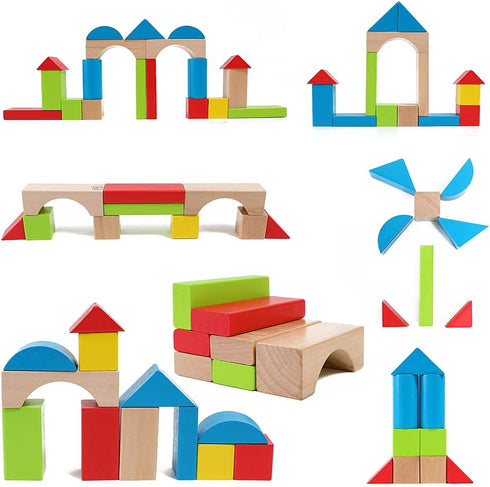 Maple Wood Kids Building Blocks by Hape, 50 Brightly Colored Pieces Stacking Educational Toy Set for Toddlers in