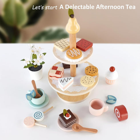 Set Playset Set PairPear Tea Party Dessert Stand -Wooden Toys Pretend Play Food Kitchen Accessories for Toddler Tea