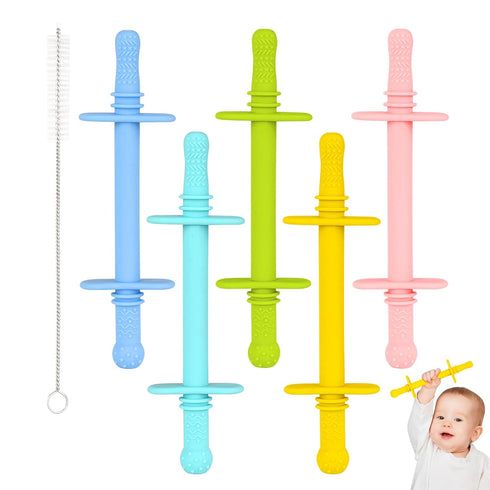 Fu Store Hollow Teether Tube with Safety Shield, 5 Pack Silicone Chew Straw Toy for Babies 3-12 Months BPA Free