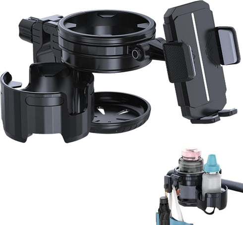 Elecphbo 4-in-1 Universal Stroller Cup Holder Adjustable Single/Double Cup & Phone Holder, 360