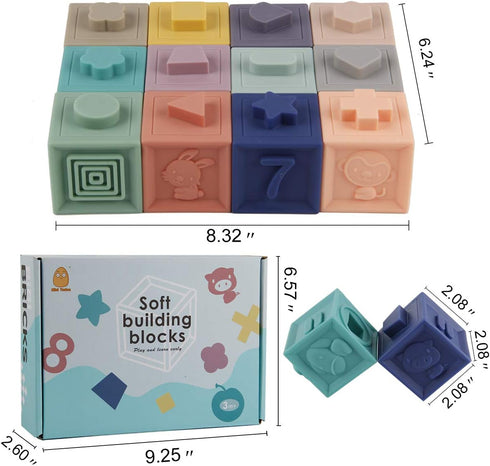 Mini Tudou Baby Blocks Soft Building Blocks, Educational Squeeze Play Toys with Numbers, Animals, Shapes, 12PCS for 6
