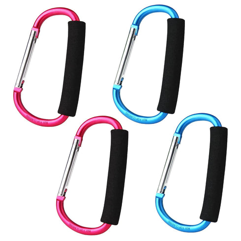4 Pack Large Carabiner Stroller Hooks, 5.5" D Style Click and Carry Bag Carrier (Light Blue and Rose Red)