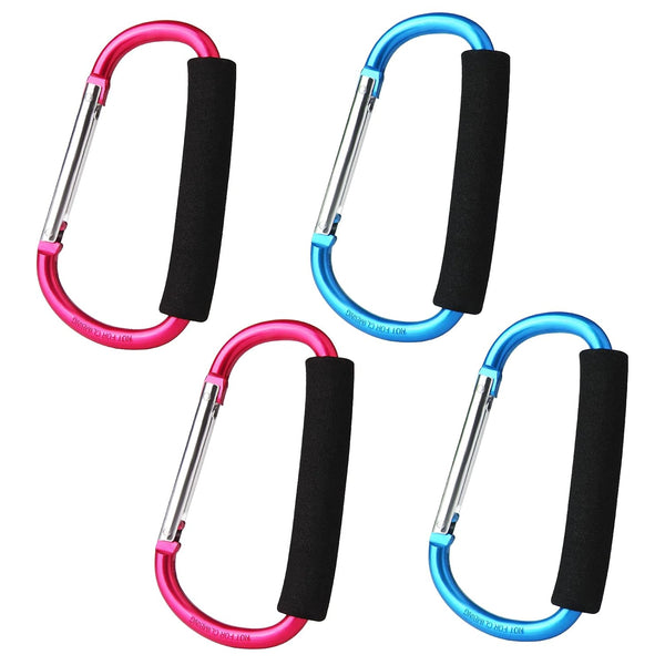 4 Pack Large Carabiner Stroller Hooks, 5.5" D Style Click and Carry Bag Carrier (Light Blue and Rose Red)