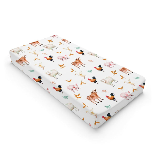 Watercolor Farm Animals Changing Pad Cover, Cow Lamb Chicken Pig Hen Duck Sunflowers Leaves for Boys Girls Diaper Change