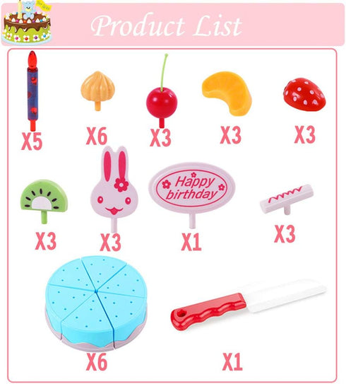 38 PCS DIY Cutting Birthday Party Cake Toy Set - Pretend Play Kitchen Food Toys, Pink/Blue Cut Cake Toys for Girls Boys