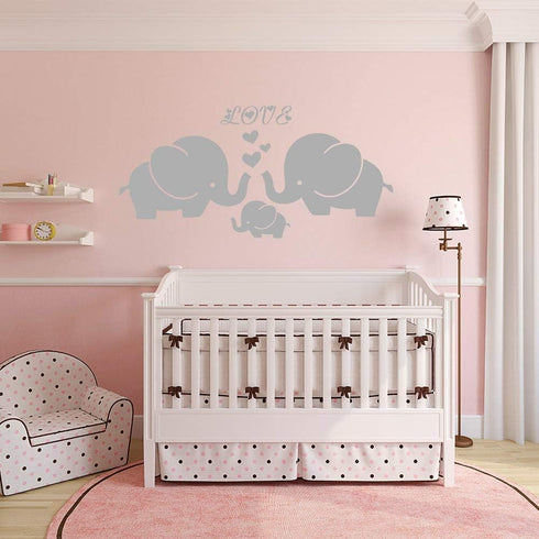 Large Cute Elephant Family with Hearts Wall Decals for Baby Nursery Decor, Kids Room Wall Stickers, 40''W x 19''H, Grey