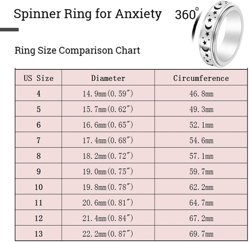 OreilleStar Anxiety Ring for Women Fidget Ring Stainless Steel Fidget Toys Adults Spinner Ring Silver Moon Star Fidgit