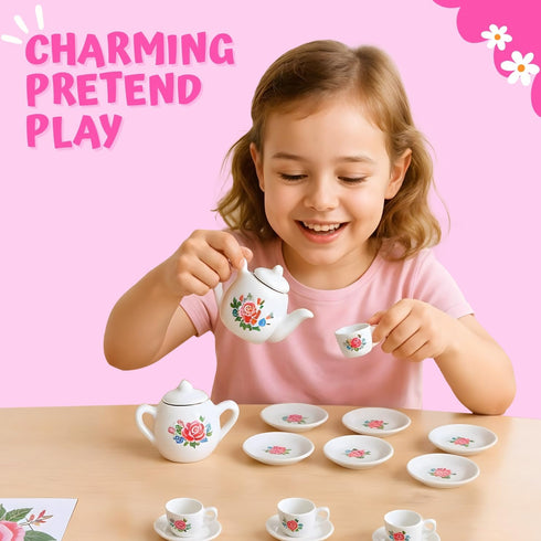 17 Set Playset, Pieces Floral Miniature Porcelain Ceramic Tea - Pretend Play Kids Toy Mini Kitchen Fun Doll Dramatic