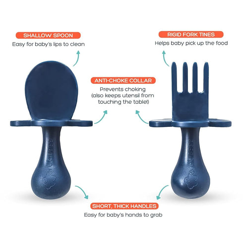Grabease Baby Led Weaning Supplies, BPA-Free & Phthalate-Free Toddler Fork & Spoon Set, Navy for Self Feeding
