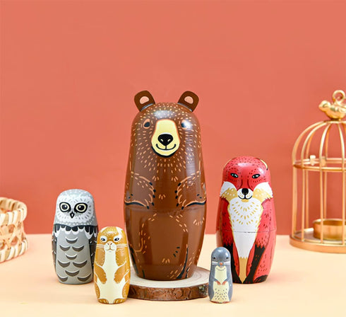 Kakeah Set 5 Nesting Dolls-Brown Cartoon Owl Bear Fox Raccoon Russian Nesting Dolls Wooden Matryoshka Doll Handmade