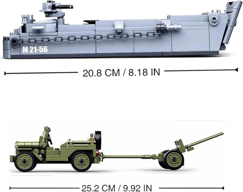 WW2 Set 325 WW2 Set General Jim's Landing Craft Higgins Boat Building Blocks Pieces with Military Jeep & Rotating